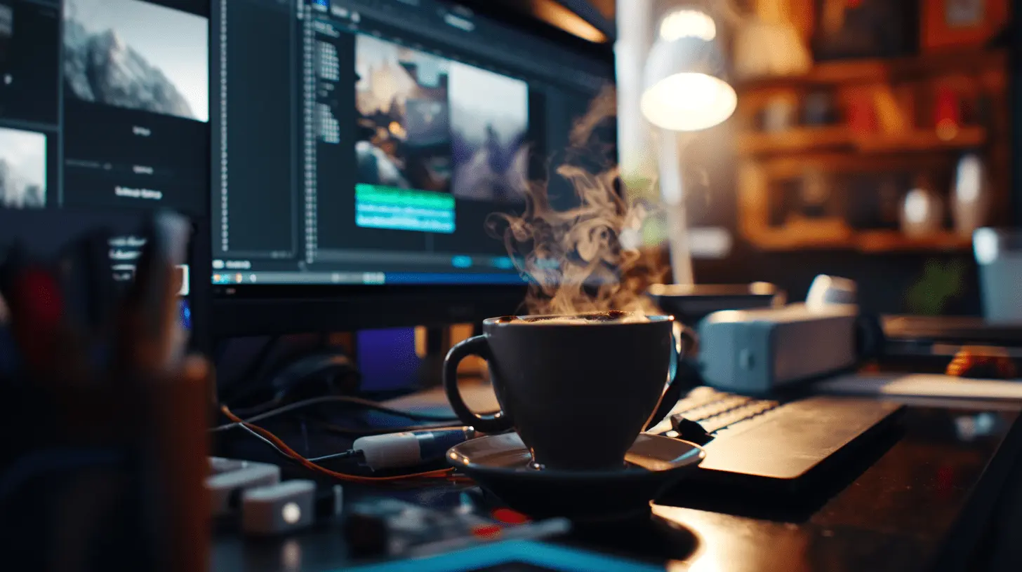 A cup of coffee on an editors workstation 