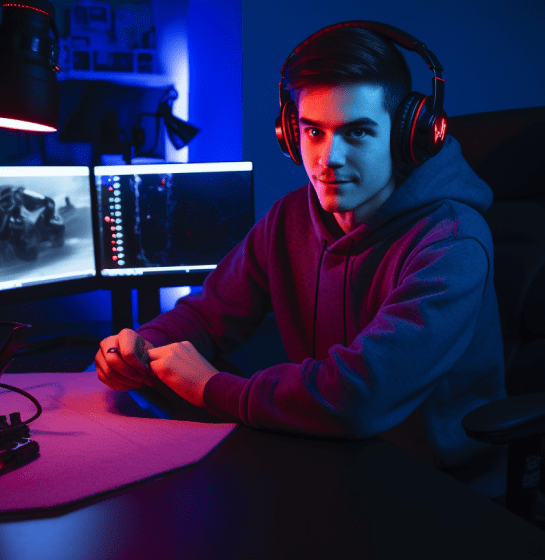 A YouTuber sat at his desk wearing headphones