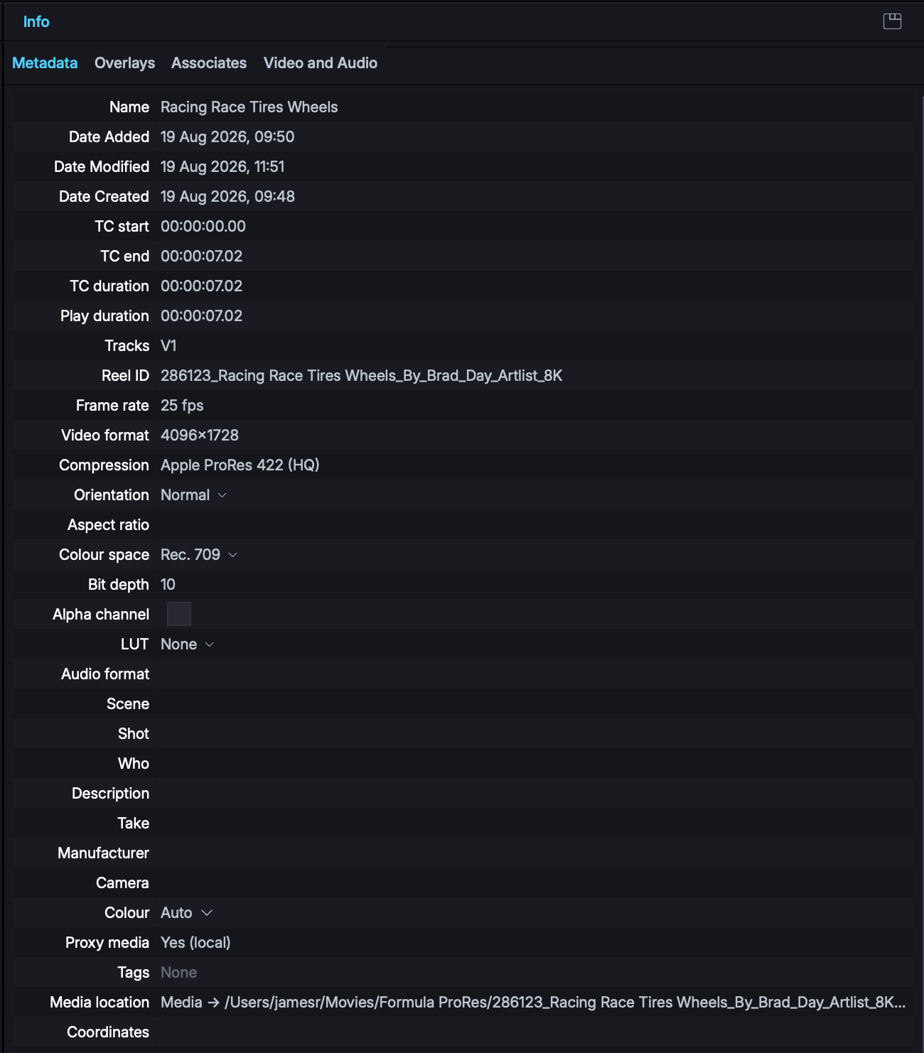 The Info panel showing a clip's metadata.