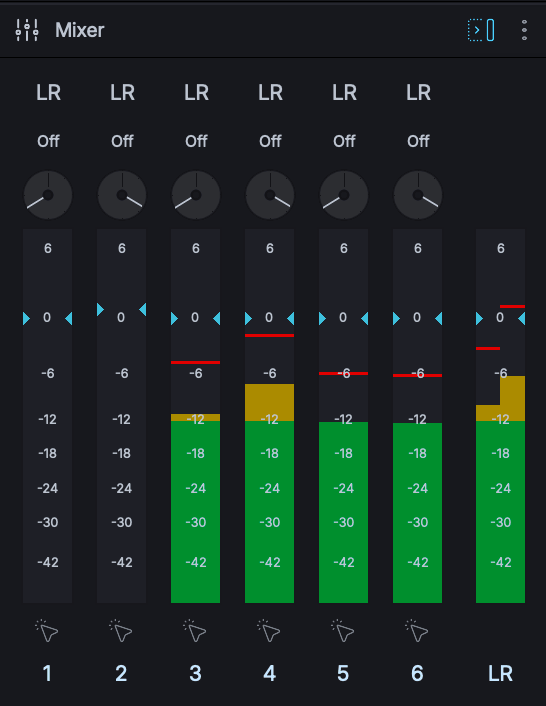 The audio mixer with channel strips, faders, meters, and the LR master.