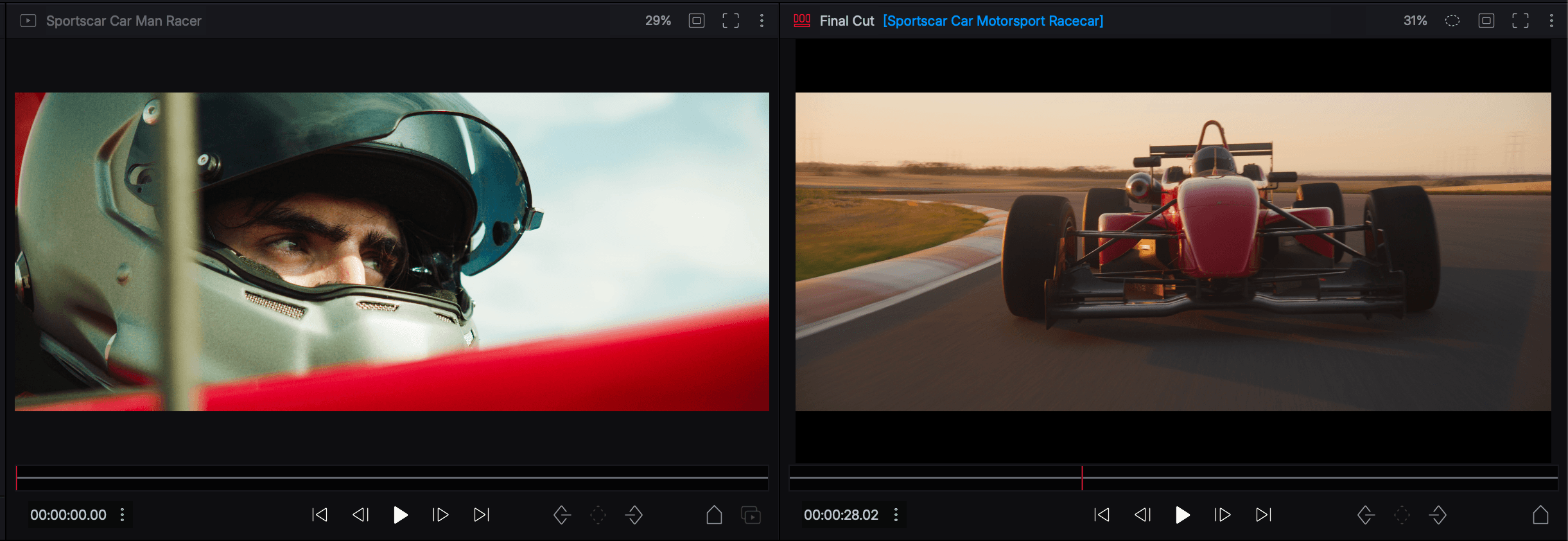 The source viewer (left) and sequence viewer (right) with transport controls.
